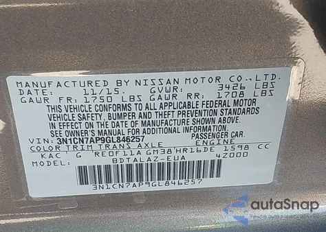 2016 Nissan Versa 1.6 S+ from USA, damaged, VIN 3N1CN7AP9GL846257